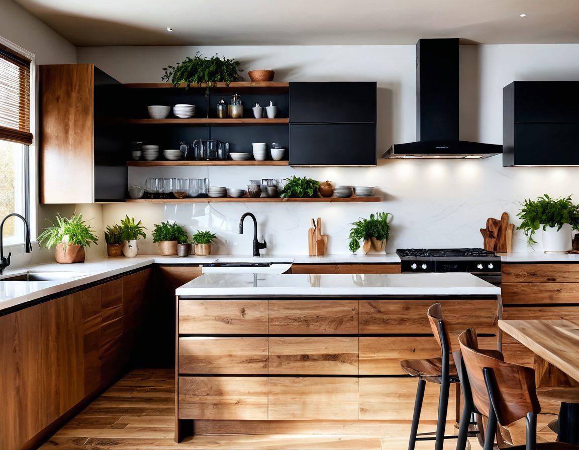 A beautifully designed modern kitchen showcasing various cabinet solutions, including open shelving, sleek high-gloss cabinets, and rustic wood finishes. Include plants and decorative items on and around the cabinets to illustrate functionality and style. Soft, warm lighting creates an inviting atmosphere. The background should have a spacious feel with harmonious color coordination. super-realistic. vibrant colors. bright and airy.
