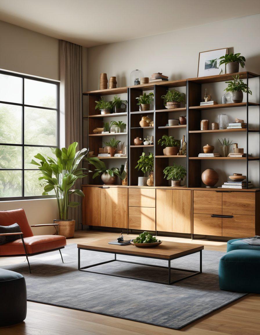 A stylish and modern living room featuring beautifully designed cabinets that blend functionality with artistic elements. Highlight a mix of materials, such as wood and metal, with vibrant decor items displayed on the shelves. Soft natural light filtering through a window, casting elegant shadows. Incorporate lush indoor plants for a touch of greenery. super-realistic. vibrant colors. cozy atmosphere.