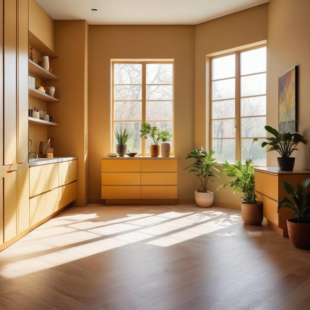 A stunning interior room showcasing modern custom cabinets in various stylish designs, featuring a mix of bright and neutral color palettes. The scene includes cozy decor elements like plants and art pieces, demonstrating how these cabinets enhance the space. The cabinets should appear affordable yet chic, inviting viewers to envision their own transformations. natural light streaming through a window, soft shadows cast on the floor. super-realistic. vibrant colors.